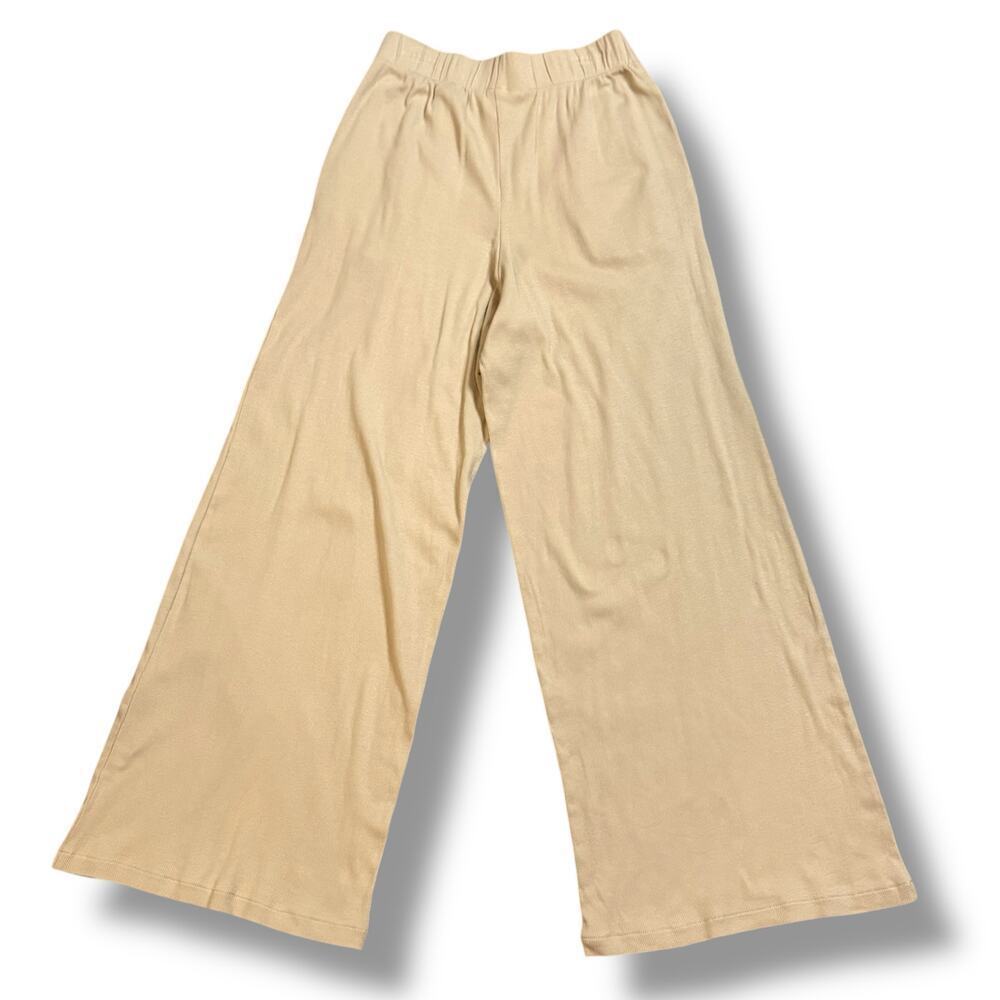 H&M Ribbed Pull On Wide Leg Pants Size Small Beige Cotton Blend Elastic Waist